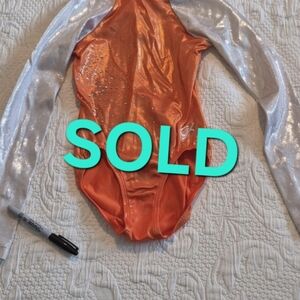GK child Large orange & white shimmery leotard, dance gymnastics, GUC arm holes